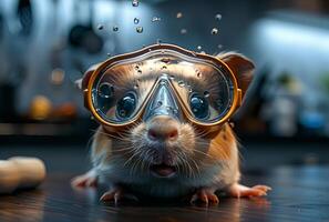 AI generated Funny guinea pig wearing goggles and diving mask photo