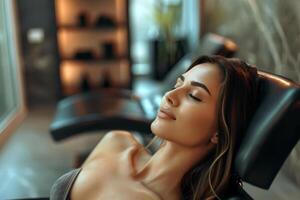 AI generated Beautiful young woman relaxing in a chair in a spa salon. photo