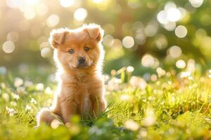 ai generado linda pequeño perrito sentado en verde césped en luz de sol foto