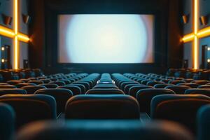 AI generated Cinema auditorium with seats and white screen on the wall photo