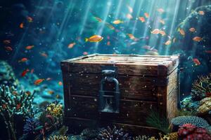AI generated Old treasure chest on the coral reef in the sea, vintage style photo