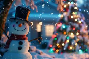 AI generated Snowman in hat and scarf on background of Christmas tree and lights. photo