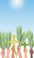 Celebration of Palm Sunday. Hands of people of different nationalities are raised with palm branches against the blue sky. The concept of the unity of the Christian faith. Vector postcard. Cartoon.