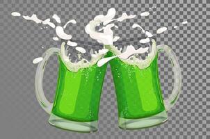 Two mugs of fresh beer. Green beer is a traditional drink on St. Patrick's Day in Ireland. A toast to good luck. Vector illustration for brewery menu, pub, party invitations.