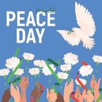 International Day of Peace. Vector. Solidarity of the inhabitants of the Earth. White dove with an olive branch on a white background, raised hands of different peoples of the world with white flowers vector