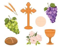 Elements of Catholic First Communion. Vector set. Golden bowl for wine, bread, wine, grapes, cross, white roses. Beautiful invitation design elements.