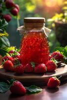 AI generated Jar of strawberry jam on wooden table in the garden photo