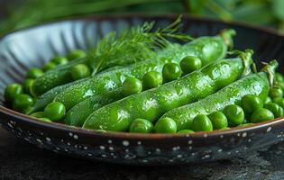 AI generated Fresh green peas in bowl. A fresh peas are shown on a black plate photo