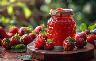 AI generated Strawberry jam in glass jar and fresh strawberries on wooden table photo
