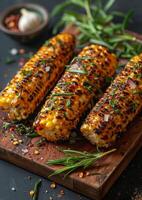 AI generated Grilled corn on the cob with herbs and spices on wooden board photo