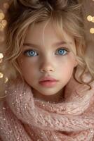 ai generado pequeño niña con azul ojos en rosado bufanda. foto
