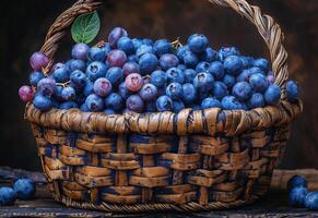AI generated an empty wicker basket with blueberries inside photo