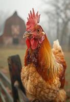 AI generated Rooster sits on fence in the fog photo