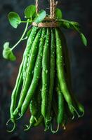 AI generated Green beans on dark background photo