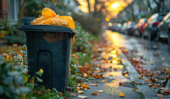 ai generado basura lata es lleno con amarillo bolso en mojado calle en otoño foto