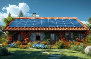 ai generado casa con solar paneles en el techo foto