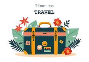 Concept of travel. Old vintage suitcase with leaves and flowers. Travel background. Vector illustration in flat style.