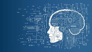 concepto de artificial inteligencia ai y grande datos. electrónico digital cerebro, circuito tablero y humano cabeza contorno en plano estilo en un azul antecedentes. vector