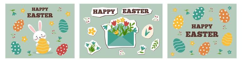 Happy easter cards set in new nostalgia style. Minimal card designs with cute applique elements, vector illustration template.