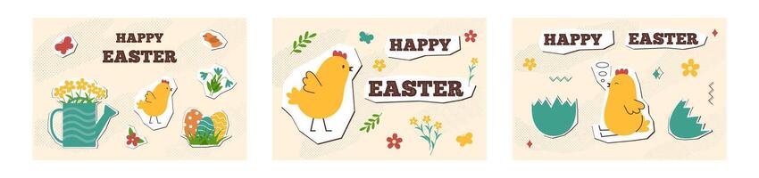 Happy easter cards set in new nostalgia style. Minimal card designs with cute applique elements, vector illustration template.