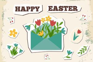 Happy easter card in new nostalgia style. Minimal card designs in retro style, vector illustration template. Old postcard.