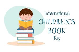 Children's book day concept. A cute boy is reading a book while sitting on a stack of books. Minimal banner desing, vector illustration template.