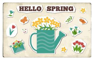 Spring card in new nostalgia style. Minimal card designs in retro style, vector illustration template. Old postcard.