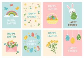 Happy easter cards set. Minimal card designs with cute elements, vector illustration template.