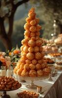 AI generated the cake Croquembouche has pine nuts on a long table photo