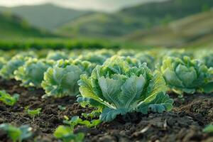 AI generated Cabbage field in the morning. A green vegetables grow in a field photo