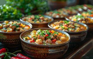 AI generated Traditional hungarian goulash soup with beef meat vegetables and paprika in clay bowl photo