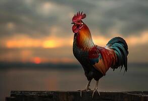 AI generated Rooster standing on fence at sunset photo