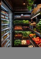 AI generated Fresh fruits and vegetables on the shelves in the store photo