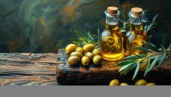 AI generated Olive oil and olives on the wooden table photo