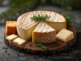 AI generated Different types of cheese on wooden board photo