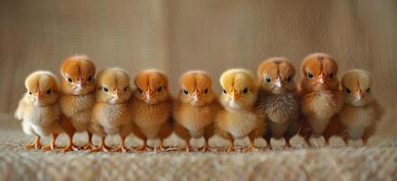 AI generated Lot of little chicks. A small line of small chickens photo