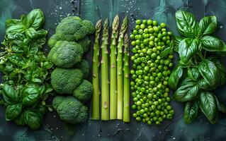 AI generated Green vegetables and herbs on dark background top view photo