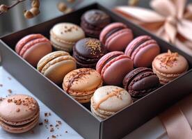 AI generated Colorful macaroons in gift box photo