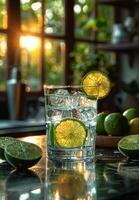 AI generated Glass of water with lime on the table photo
