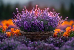 ai generado lavanda flores en cesta en campo foto