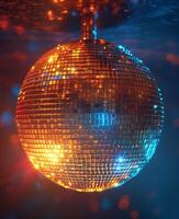 AI generated Mirror ball. A mirror ball for disco dancing on colored background photo