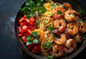 AI generated Delicious pasta with shrimps and vegetables on plate photo