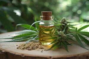 AI generated Bottle of hemp oil with cannabis leaf and scoop of hemp seeds photo