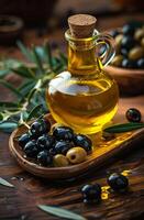 AI generated Olive oil and olive berries on the wooden table photo