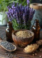AI generated Dry lavender flowers bottle of essential oil wooden spoon with dry petals and bowl with seeds on wooden table photo