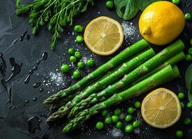 ai generado Fresco verde espárragos y limón en negro antecedentes foto