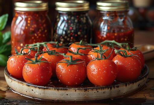 ai generado Tomates y frascos de salsa en de madera mesa foto