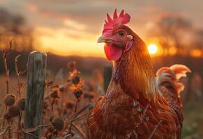 ai generado gallo soportes en campo a puesta de sol foto