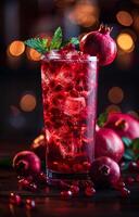AI generated Pomegranate juice or cocktail with fresh pomegranate fruits and mint on wooden background photo