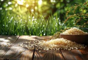 ai generado jazmín arroz en cuenco con arroz planta y de madera cuchara en de madera mesa con el arroz campo antecedentes foto